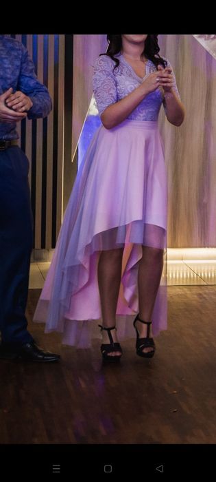 Sukienka pudrowy róż z dłuższym tiulowym tyłem z ogonem maxi 38 M