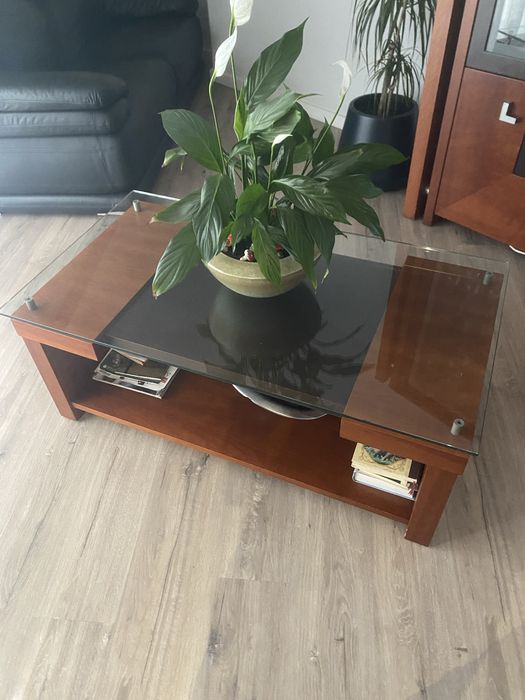 Mesa de centro de madeira com tampo de vidro