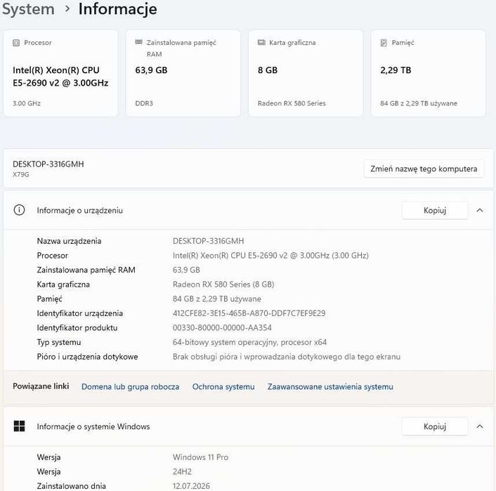 Gamingowy komputer (akwarium) M.2 NVMe, dyski 2.5TB, 10 rdzeni, grafika 8GB, 64GB RAM+akcesoria
