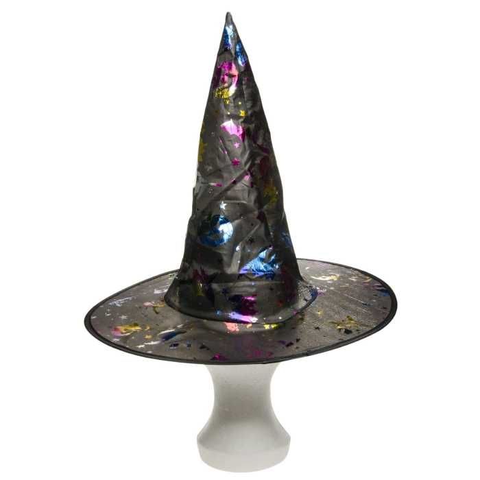 Kapelusz wiedźmy z tęczowymi wzorami