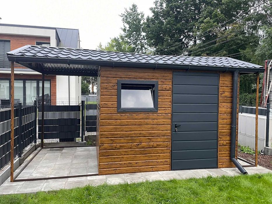 Domek ogrodowy 3×2,5m + wiatki  Rynna Okno Drzwi - złoty dąb/ grafit