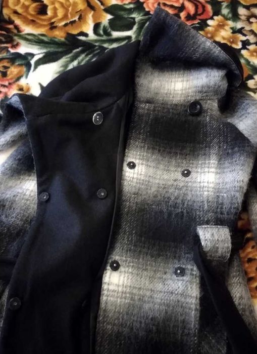 Пальто сіре в клітинку, серое пальто в клетку 30% шерсть пальто халат