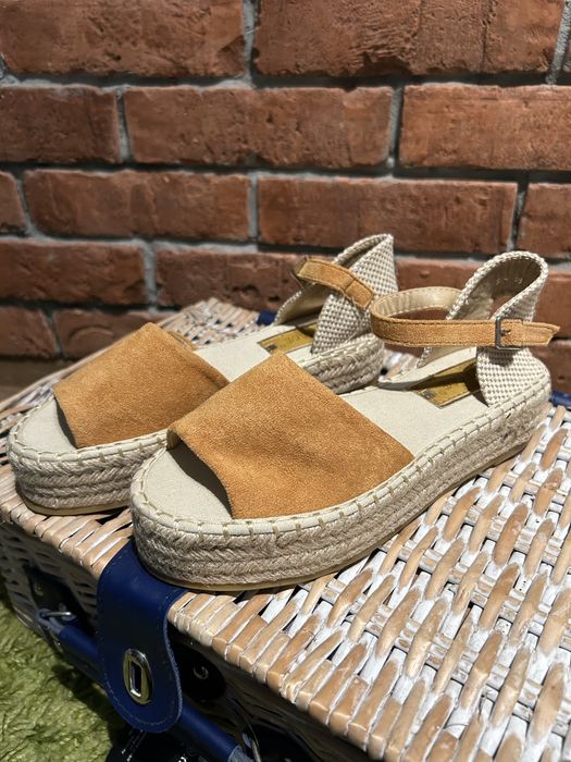 Bestelle nowe buty espadryle sandaly koturn platforma musztarda