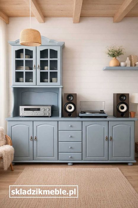 010226 Kredens z nadstawką, bufet, komoda RTV szaroniebieska.