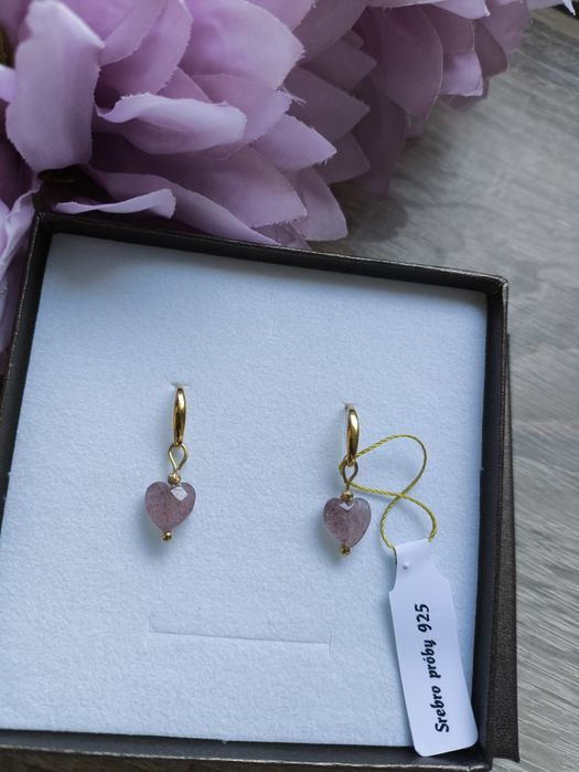 Kolczyki srebro 925 , serce,naturalny kwarc truskawkowy