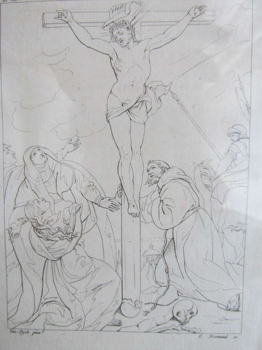 Stary miedzioryt Ukrzyżowanie Jezusa -Anthony van Dyck- 1845