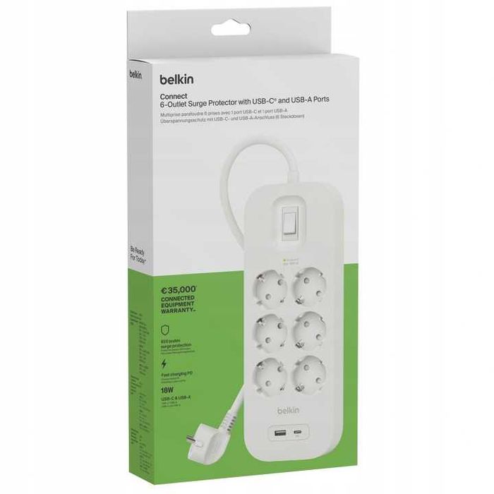 Listwa zasilająca 2m 6 gniazd z USB-C i USB-A przeciwprzepięciowa Belkin