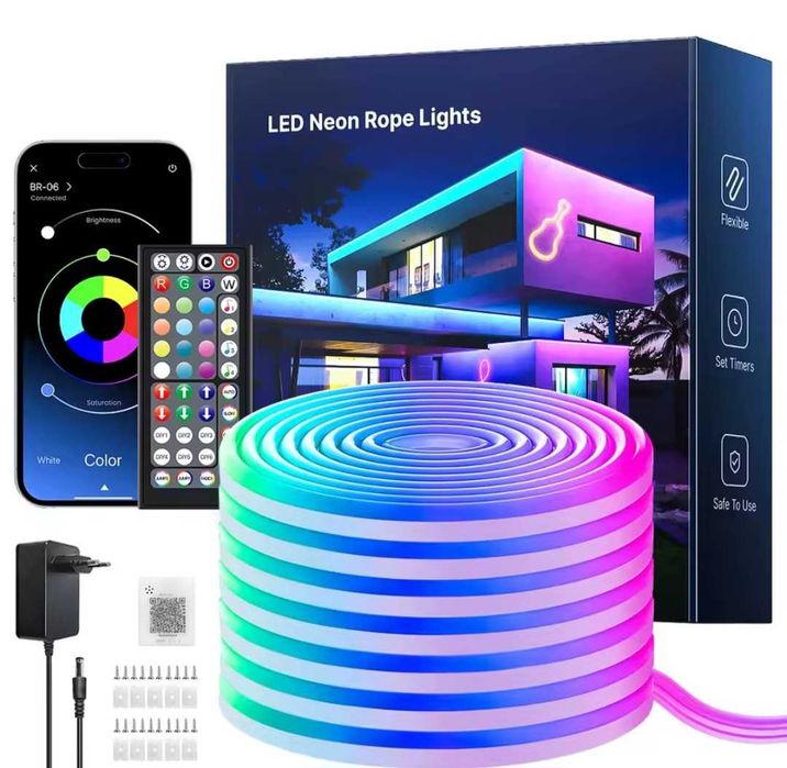 RGB LED Neon Rope Lights 15M, Cont de Sincro de Música com App/Remoto