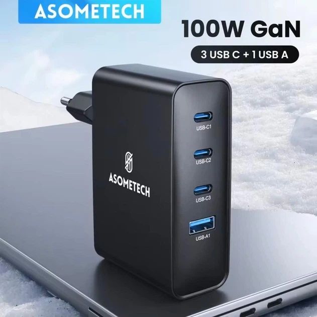 Мережевий зарядний пристрій Asometech 100W (1USB + 3Type-C) GAN .