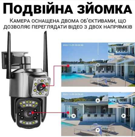 Двойная поворотная уличная WiFi камера видеонаблюдения 2 объектива
