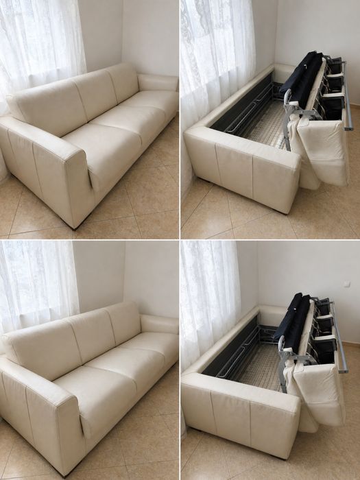 Sofá de pele (couro) 3 lugares — vira cama de casal