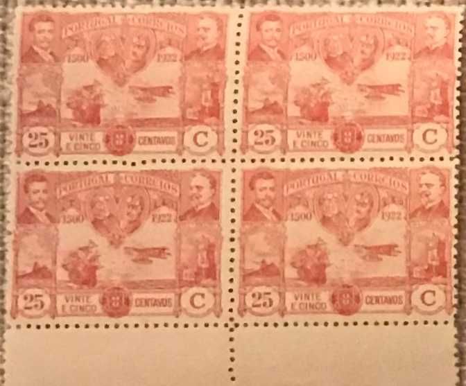 Quadra de selos novos de 25 c - Travessia do Atlântico Sul - 1923