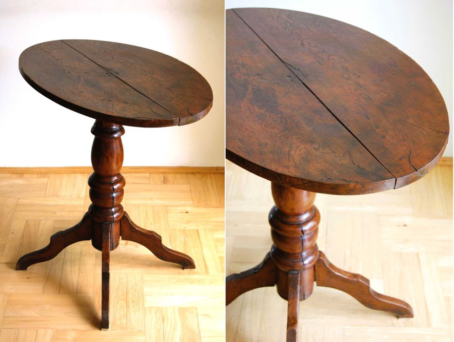 Przedwojenny stolik drewniany, kawowy, na jednej nodze, toczona noga