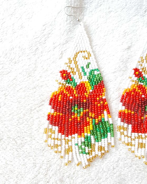 Duże kolczyki koralikowe boho etno bohemian mak kwiat róża floral