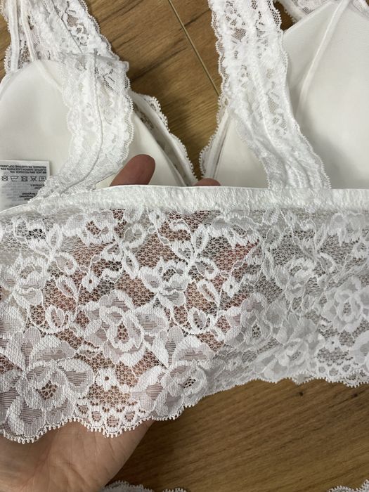 NOWY komplet bielizny H&M biustonosz + figi, biały, koronkowy M/L