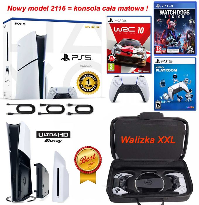 PS5 Slim 825GB z napędem + gry + pad Dualsense + walizka XXL + model 2116 / Konsola PlayStation 5 Slim najnowsza wersja
