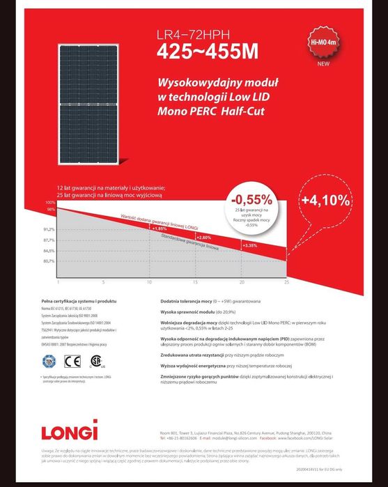 Panel fotowoltaiczny LONGi 455W LR4 72HPH 455M