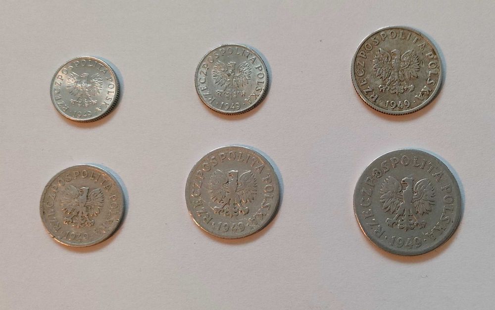 Zestaw monet PRL rok 1949: 1–50 gr, komplet, stany 2–3, kolekcja