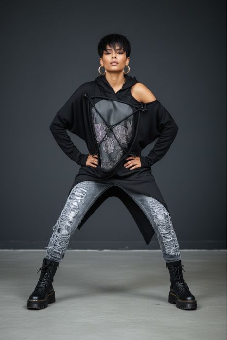 Redesign bluza kaptur tunika asymetryczna czaszka cyrkonie xs s m l xl