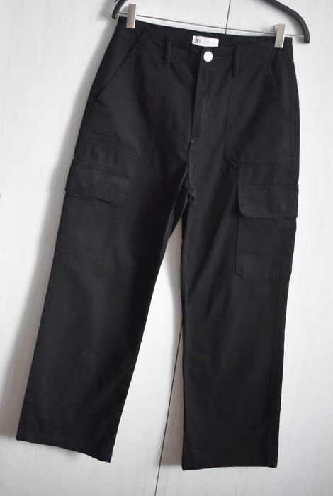Spodnie S 36 luźne szerokie baggy cargo Zara bawełna z wysokim stanem