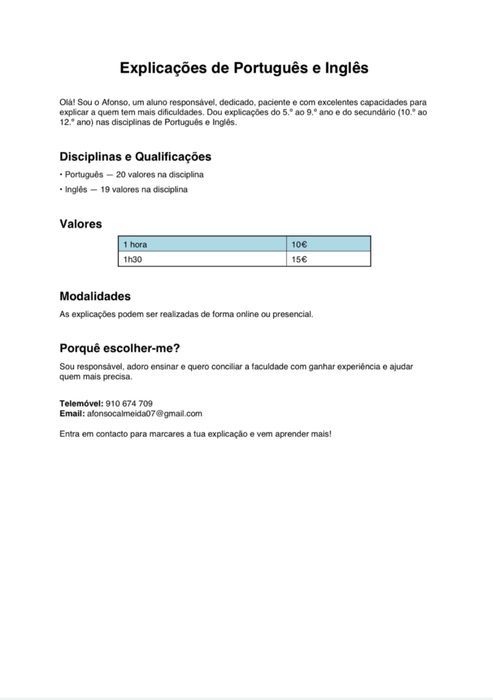 Explicações de Português , Inglês e Matemática