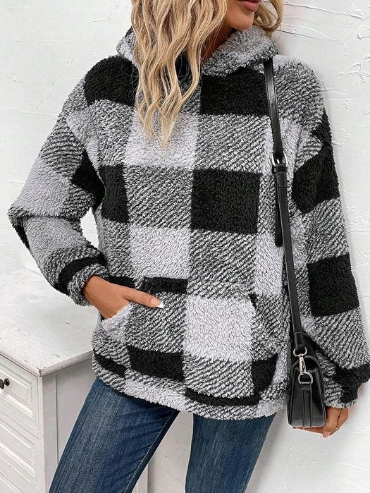 Bluza Teddy Bear Pullover W Kratkę Kangurek Szara Casual Shein Xl 42
