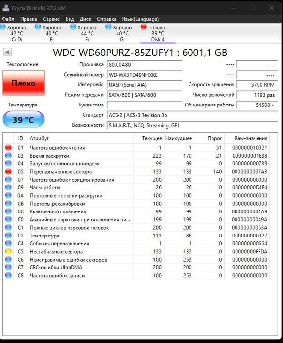 Жесткий диск HDD 6 тб WD Purple WD60PURZ-85ZUFY16