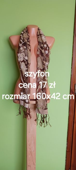 Złoto- brązowy szyfonowy błyszczący szalik w kwiaty