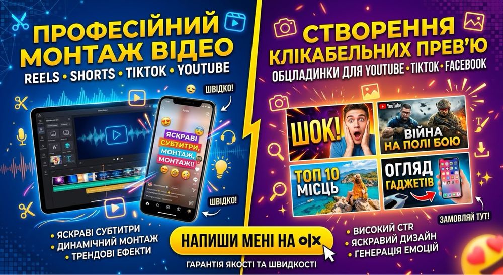 Монтаж відео Reels Shorts TikTok / Прев'ю YouTube обкладинки