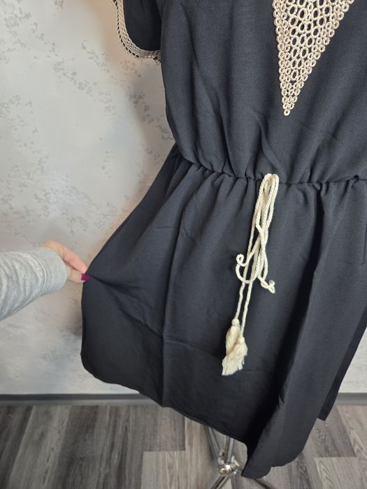Nowa sukienka letnia Boho luźna plażowa przewiewna gumka w pasie dekol
