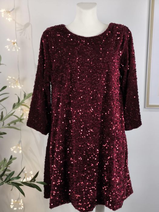 Sukienka cekinowa midi bordowa z kokardą na plecach wiskoza xl 42
