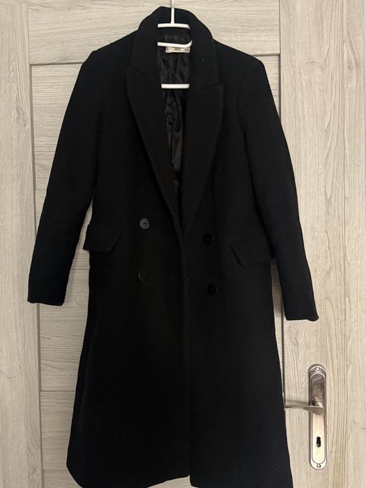 czarny dlugi plaszcz klasyczny Mango XS 34 oversize welna