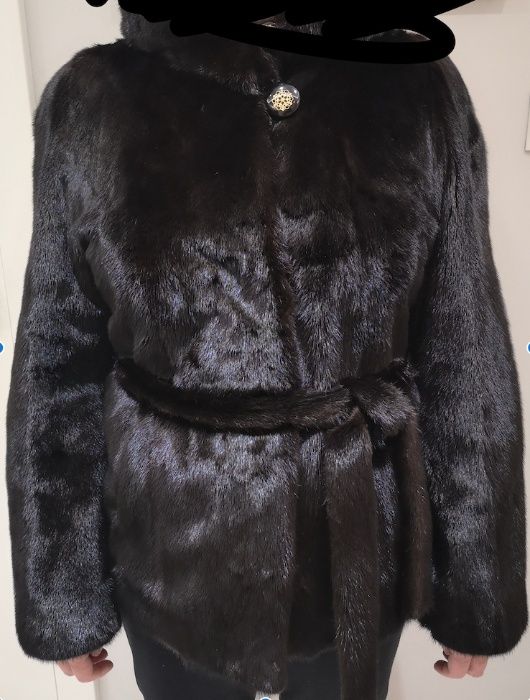 SAGA MINK futro damskie naturalne z norek kaptur czarne r. 40-42