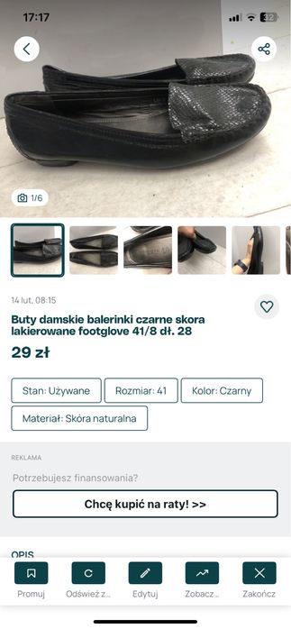 Buty czarne 41/8 balerinki skora lakierowane