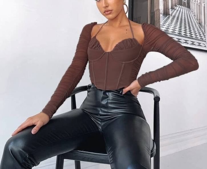 Коричневий корсетний топ з довгими сітчастими рукавами, xs