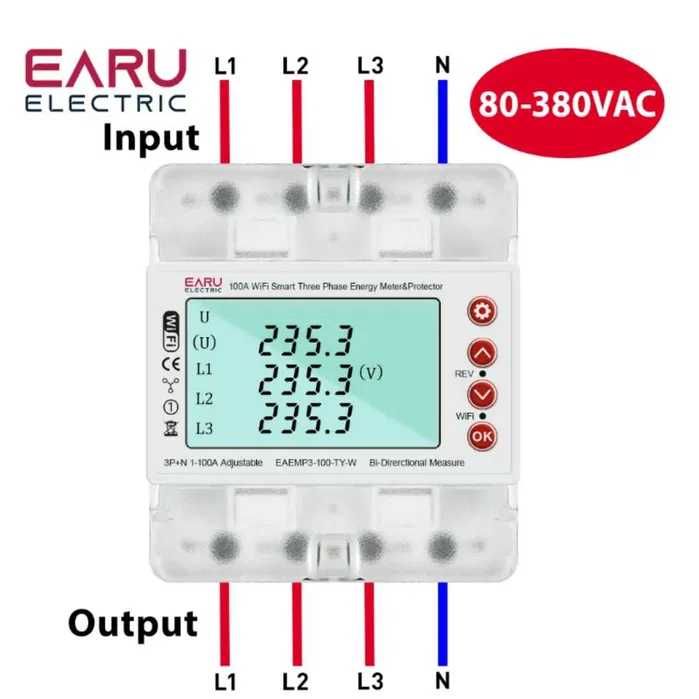Трифазний розумний двонаправлений лічильник 380 В. 100А.Tuya SmartLife