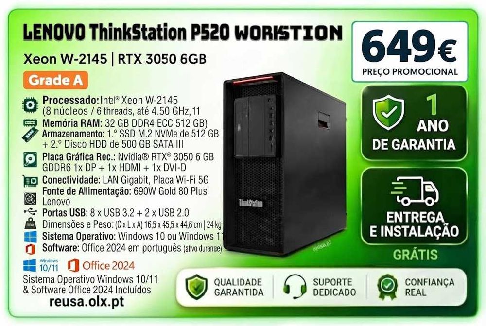 Lenovo Gaming P520 | Xeon W-2145 | 32GB ECC | NVMe 512GB + 500GB | RTX 3050 6GB | KIT | WiFi | W11