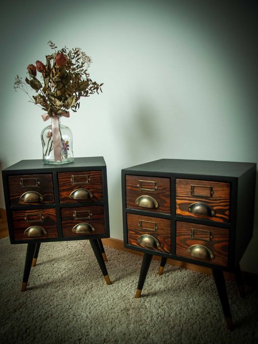 Szafki nocne vintage kartotekowe loft mid-century komoda z szufladami