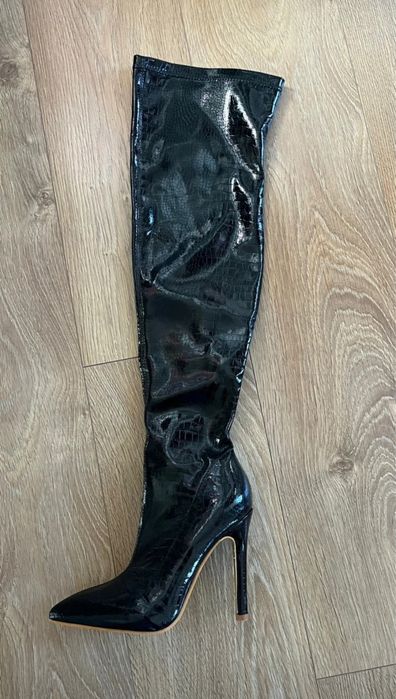 Fantasias sexuais-Botas couro preto envernizado acima do joelho