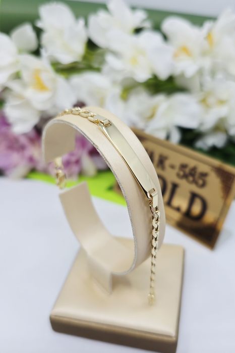 Złota bransoletka z blaszką dla chłopca splot pancerka próba 585 14k