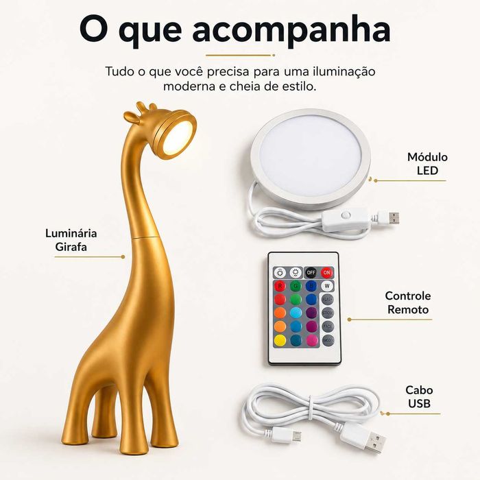 Candeeiro Girafa LED 50cm com Comando – 16 Cores | Gold, Preto ou Branco