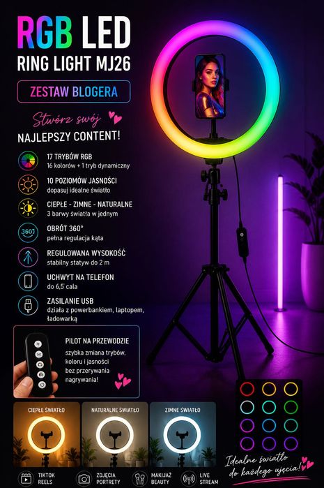 Lampa pierścieniowa RGB LED + statyw do telefonu / TikToka / nagrywania