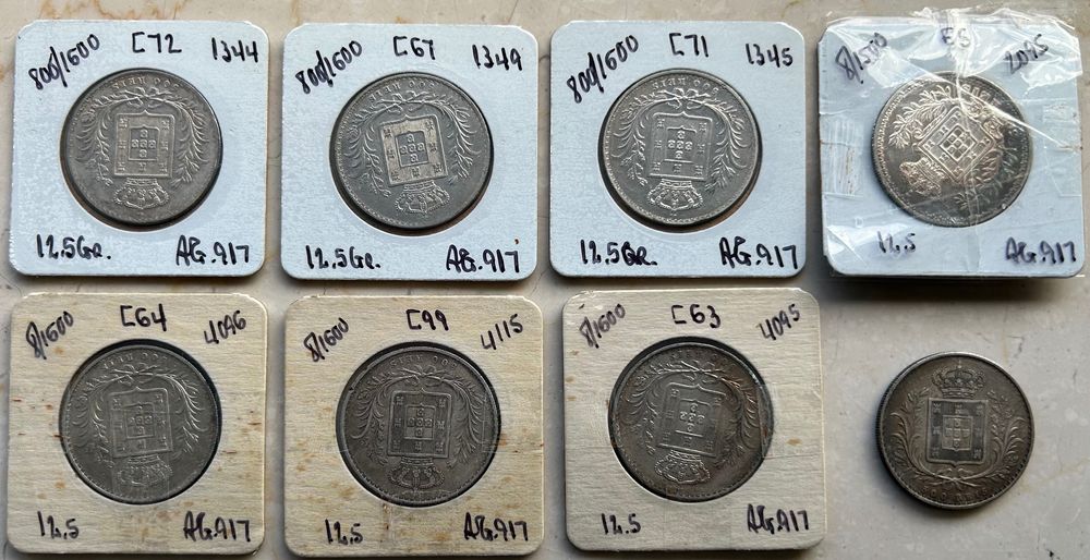 Lote de 8 x 500 Reis Portugal Luís I 1889 Moeda Antiga de Prata KM#509