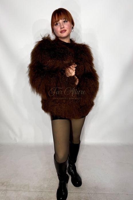 Жіночий шоколадний жакет полушубок з тибетської лами.  42-54 рр