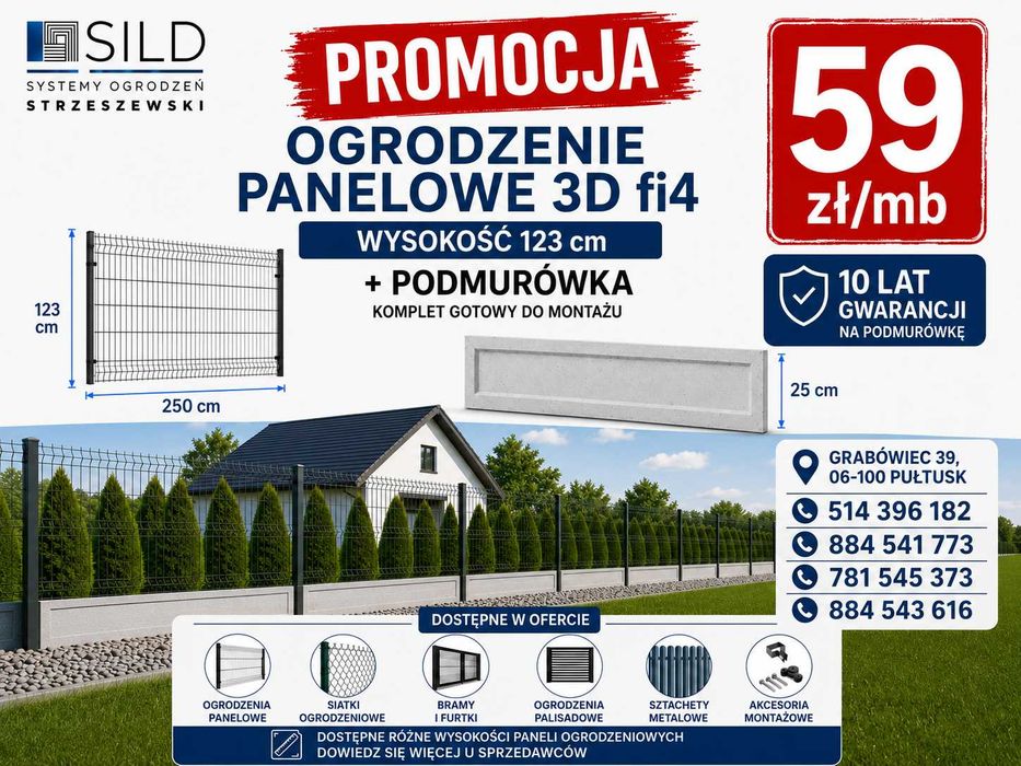 Ogrodzenie panelowe 3D fi4 123 cm z podmurówką, komplet 59 zł/mb