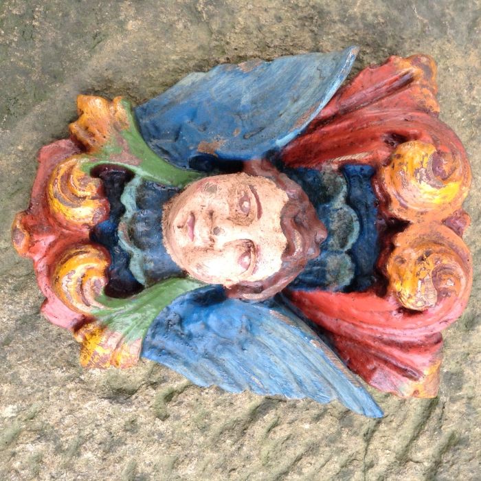 Imagem cara anjo madeira castanho pintura, mísula, peanha, arte sacra