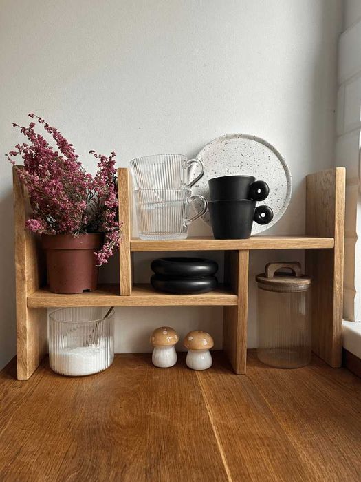Dębowa półka Harmonia, na kubki, na blat, regał, Japandi, Scandi.