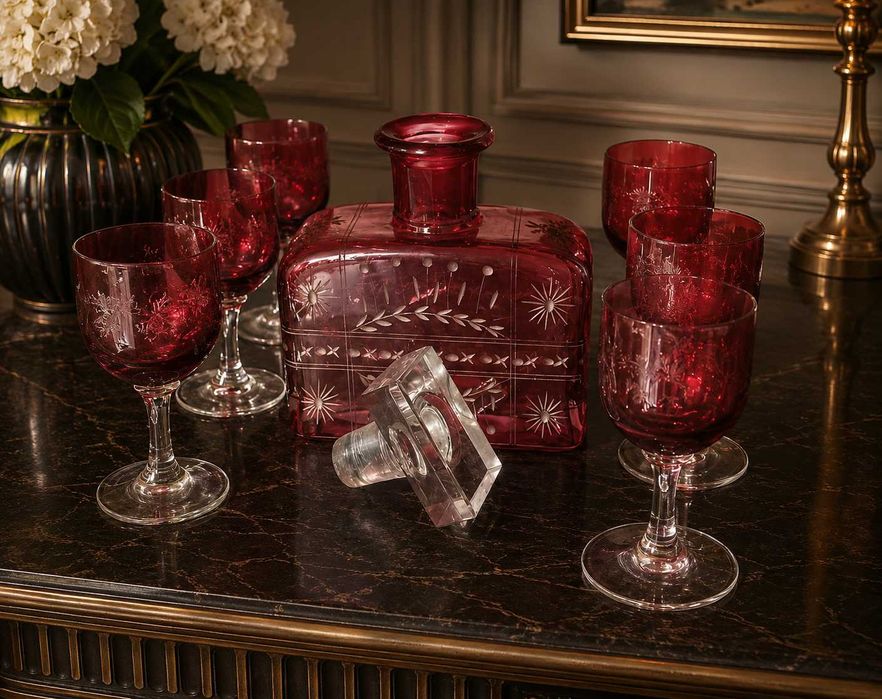 Conjunto em Cristal Vermelho Estilo Baccarat – Garrafa + 6 Cálices  (Anos 40) S/uso