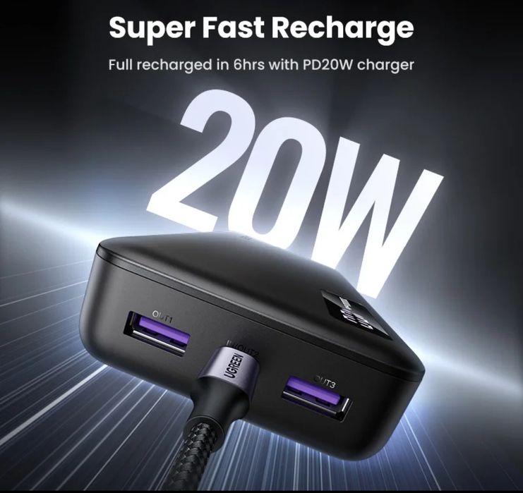UGREEN Power Bank 20000mAh PD 22.5W с быстрой зарядкой.