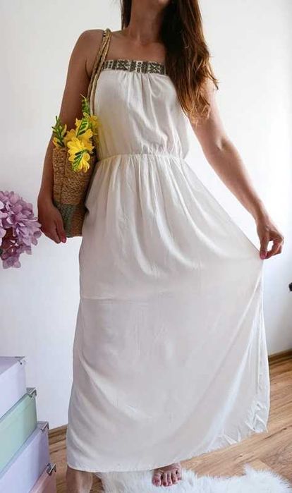 Dreimaster sukienka boho Y2K koraliki wiskoza ecru XS